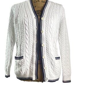 Ralph Lauren Womens White Cable Knit Cardigan Sweater With Navy Trim Small
